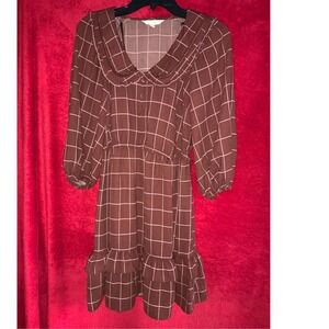 Lauren Conrad LC Women's Brown Plaid Mini Dress Long Sleeve Peter Pan Collar XS